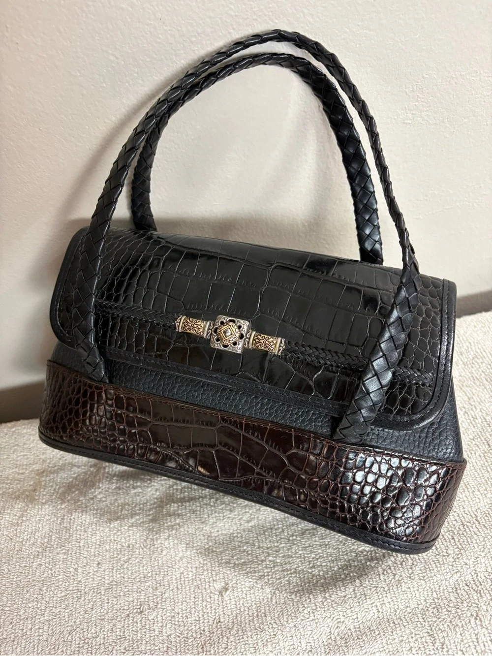 Brighton Black and Dark Brown Croc-Embossed Top-Handle Satchel